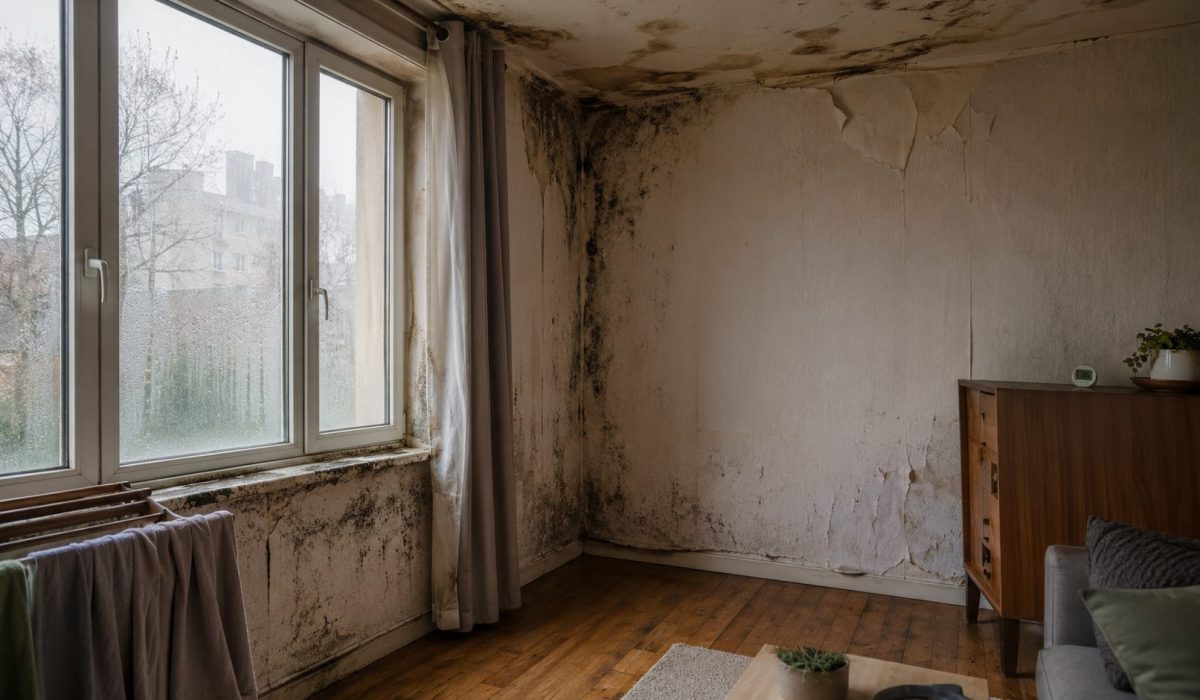 Pièce humide avec moisissures persistantes sur les murs, condensation sur les fenêtres et peinture abîmée