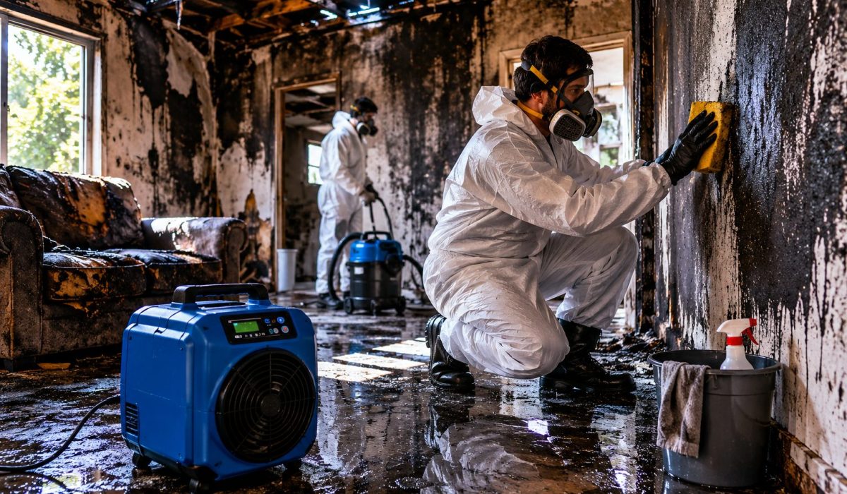 Technicien en combinaison de protection traitant les odeurs persistantes dans une pièce noircie par la fumée après un incendie