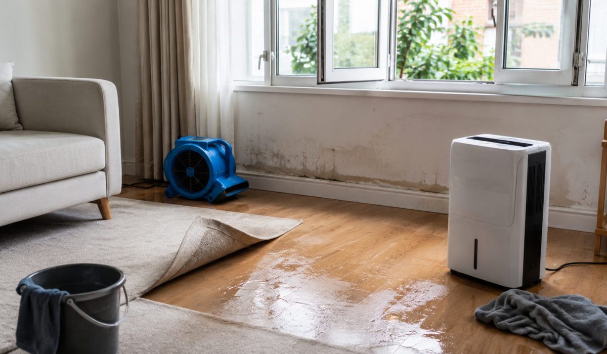 Pièce touchée par un dégât des eaux avec déshumidificateur, ventilateur, sol humide et mur taché pour éviter les odeurs persistantes