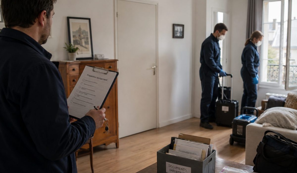Préparation d’un logement avant une intervention de nettoyage après décès avec professionnels équipés, documents importants et checklist de sécurité.