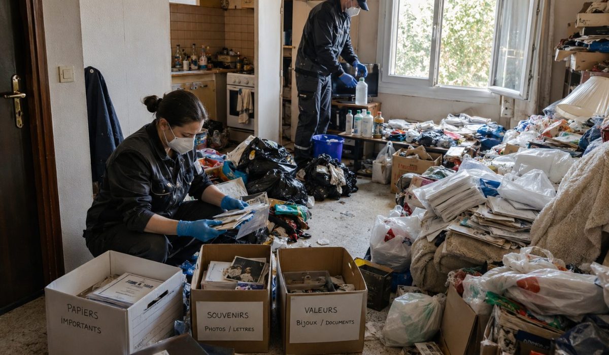 Professionnels équipés préparant et triant un logement encombré avant une intervention après le syndrome de Diogène
