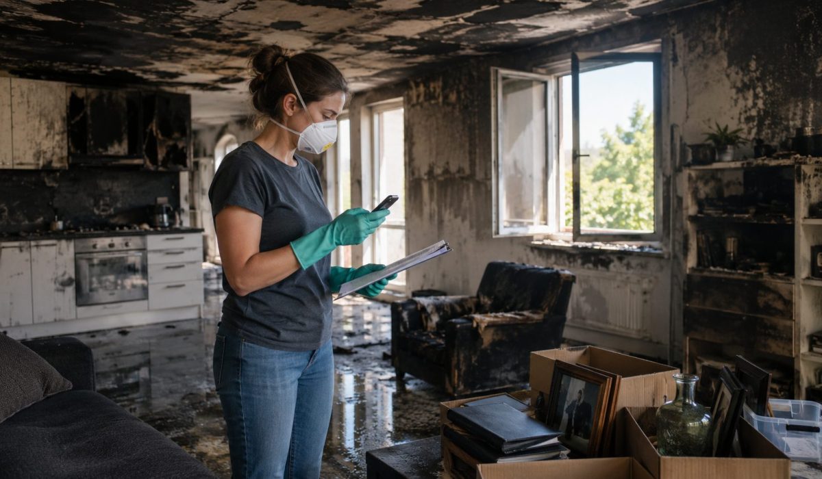 Personne portant un masque et des gants préparant un logement endommagé par un incendie avant l’intervention de professionnels