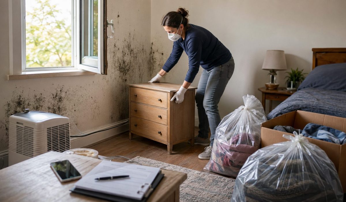 Personne préparant une chambre avant une intervention contre les moisissures avec meubles déplacés, sacs fermés et déshumidificateur.
