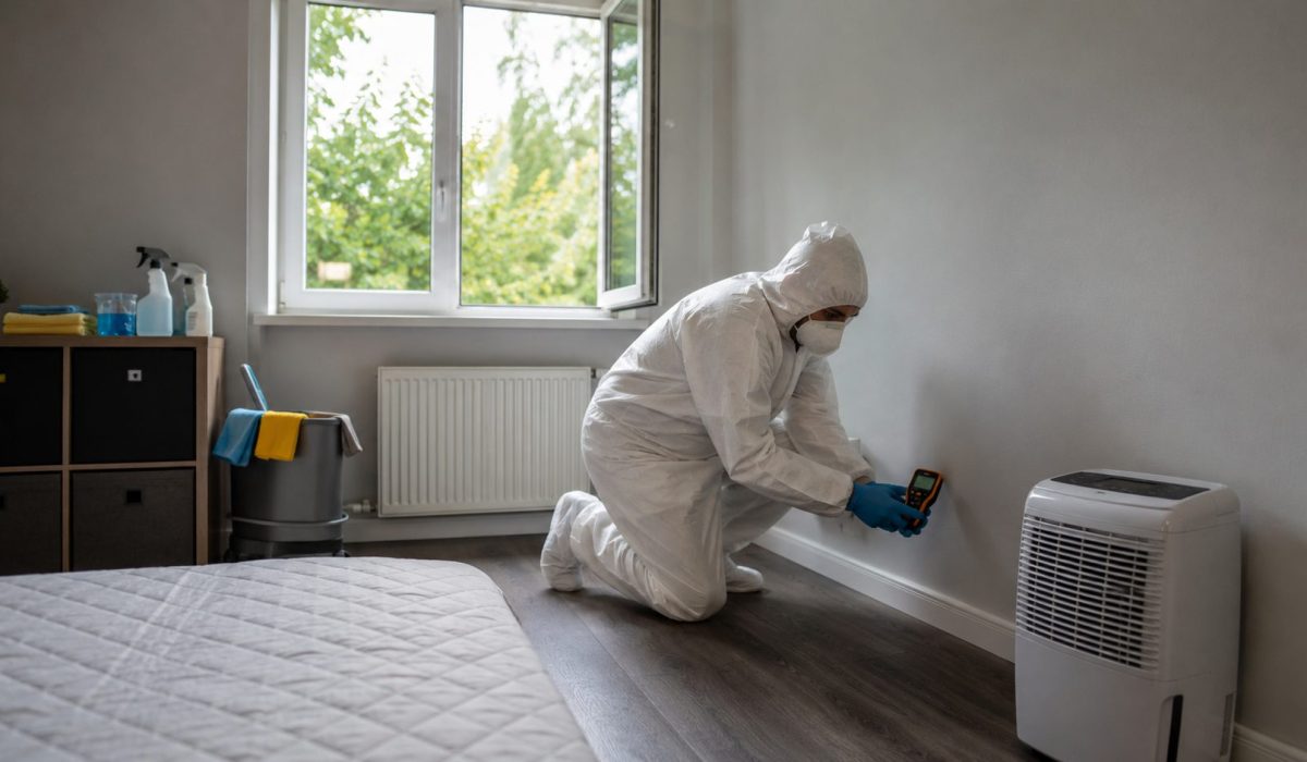 Technicien en combinaison de protection contrôlant l’humidité d’un mur avec un appareil de mesure après un nettoyage après décès