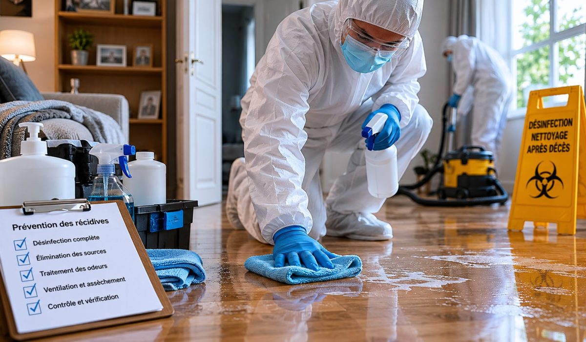 Techniciens en combinaison de protection réalisant une désinfection après décès pour éviter les récidives d’odeurs et de contamination