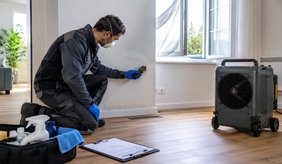 Technicien contrôlant l’humidité d’un mur après une désinfection après sinistre pour éviter les récidives