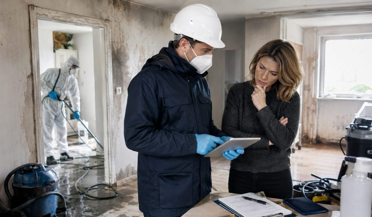 Technicien en désinfection après sinistre accompagnant une cliente dans un logement endommagé par l’eau et la fumée