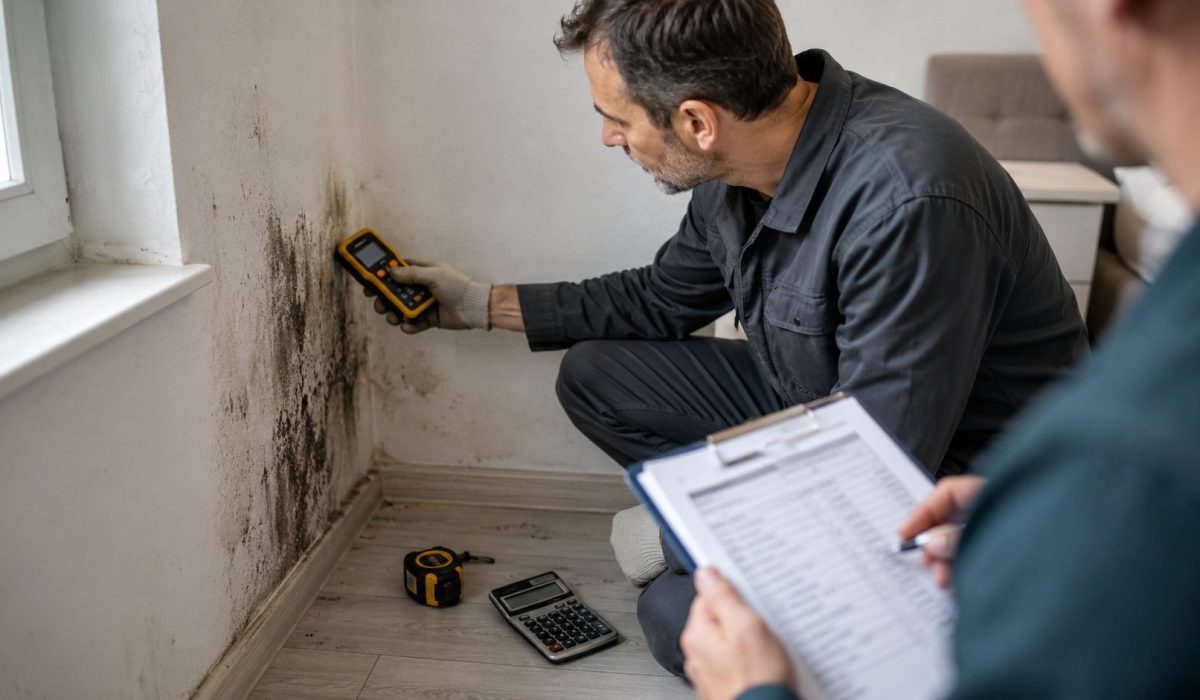 Professionnel inspectant un mur avec des moisissures pour estimer le prix d’une intervention après humidité