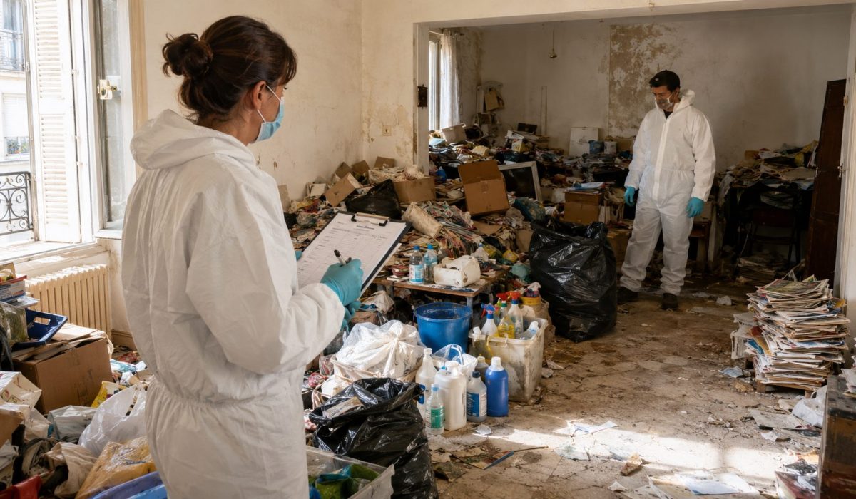 Intervention de nettoyage après syndrome de Diogène dans un logement encombré avec équipe spécialisée en combinaison de protection