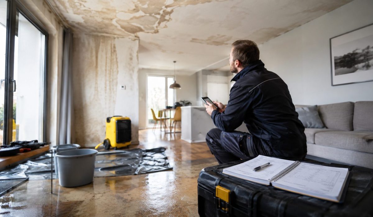 Professionnel inspectant les dégâts des eaux dans un salon humide avec plafond taché, déshumidificateur et devis d’intervention