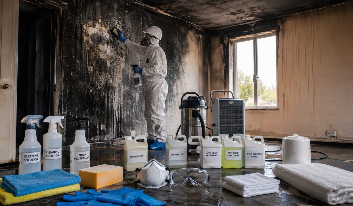 Technicien en combinaison de protection nettoyant un mur noirci par la suie après un incendie avec des produits de décontamination, désodorisation et assèchement