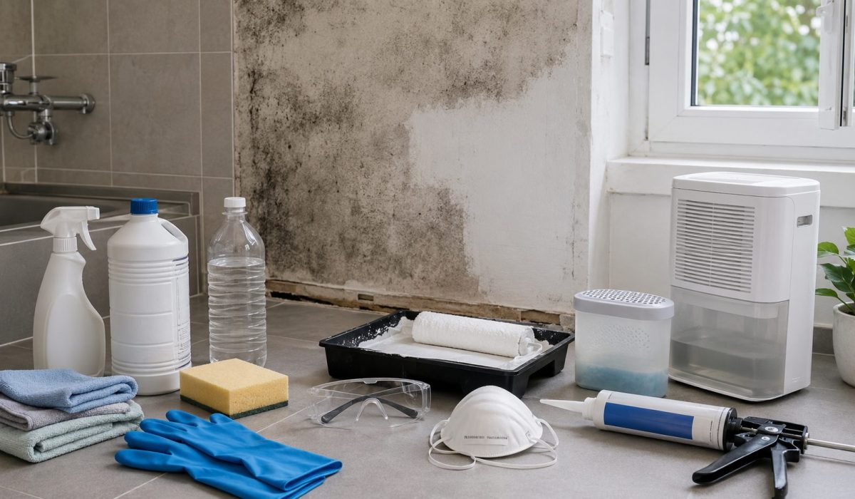 Produits utilisés après des moisissures avec gants, masque, nettoyants, déshumidificateur et matériel de traitement contre l’humidité