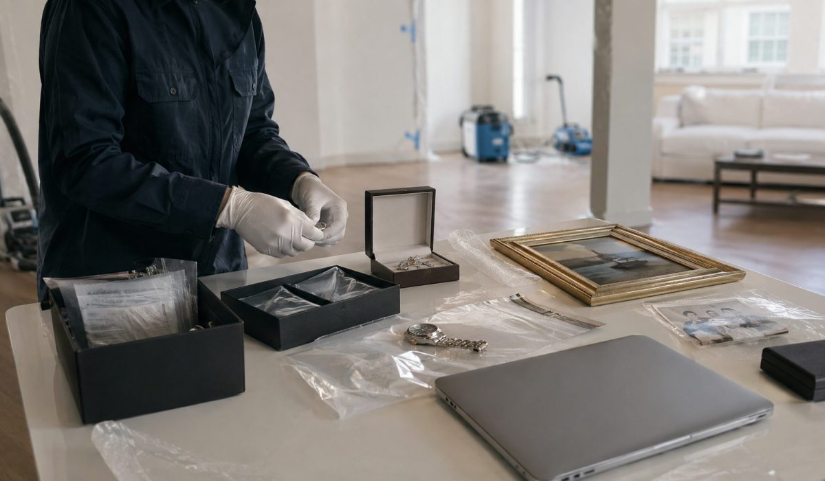 Protection d’objets de valeur après une désinfection après sinistre avec bijoux, documents, photos, ordinateur et tableau soigneusement emballés