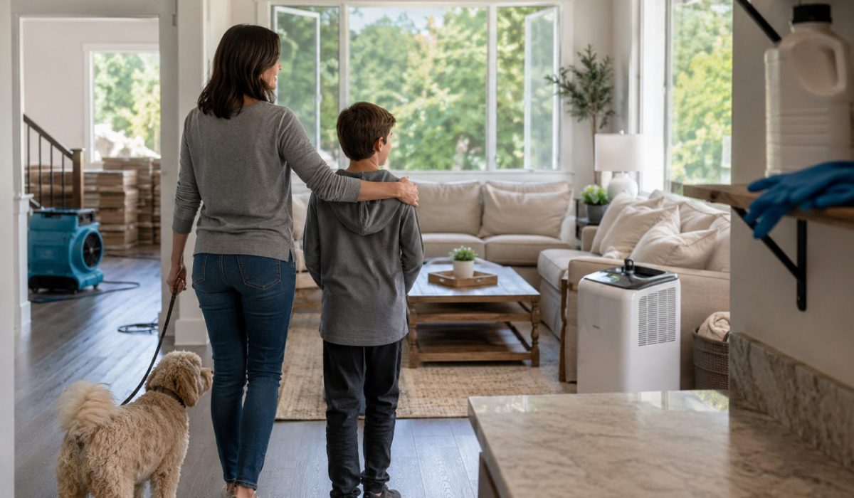 Famille entrant dans un salon propre et aéré après une désinfection post-sinistre avec déshumidificateur et produits rangés en sécurité