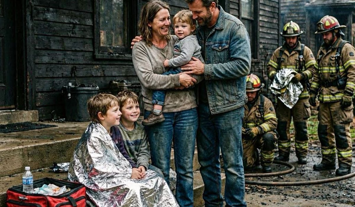 Famille saine et sauve devant une maison noircie après un incendie avec des pompiers en arrière-plan