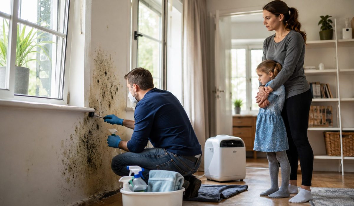 Parent nettoyant des moisissures sur un mur pendant qu’une mère protège son enfant dans une maison ventilée