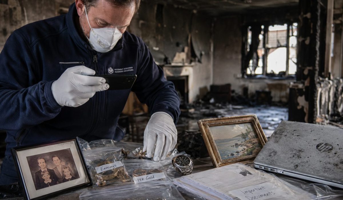 Expert photographiant des bijoux, documents importants, ordinateur et souvenirs récupérés dans une maison endommagée par un incendie