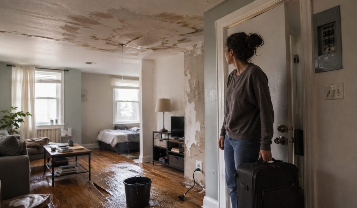 Appartement endommagé par un dégât des eaux avec plafond humide, sol mouillé et occupante prête à quitter le logement