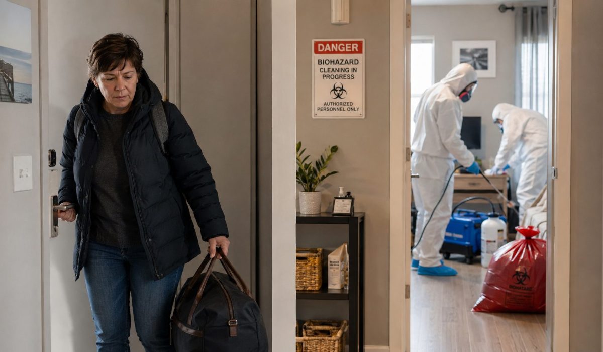 Personne quittant son logement pendant une intervention de nettoyage après décès réalisée par des professionnels en combinaison de protection