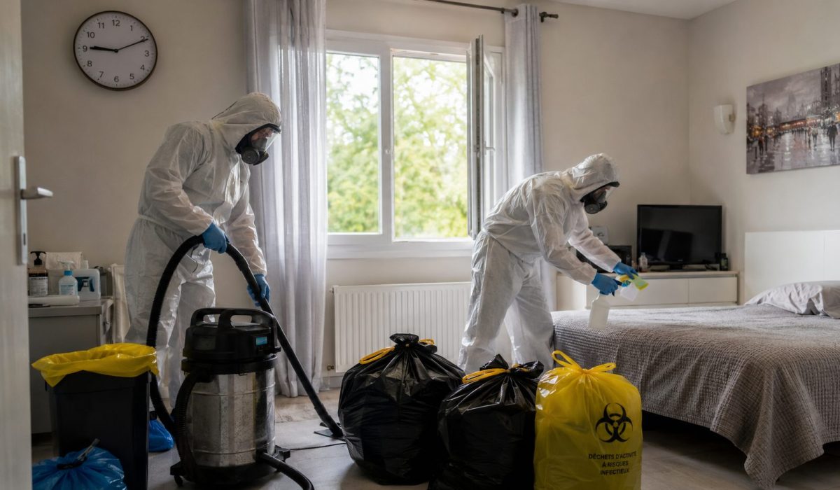 Professionnels en combinaison de protection réalisant un nettoyage après décès et une désinfection urgente dans une chambre