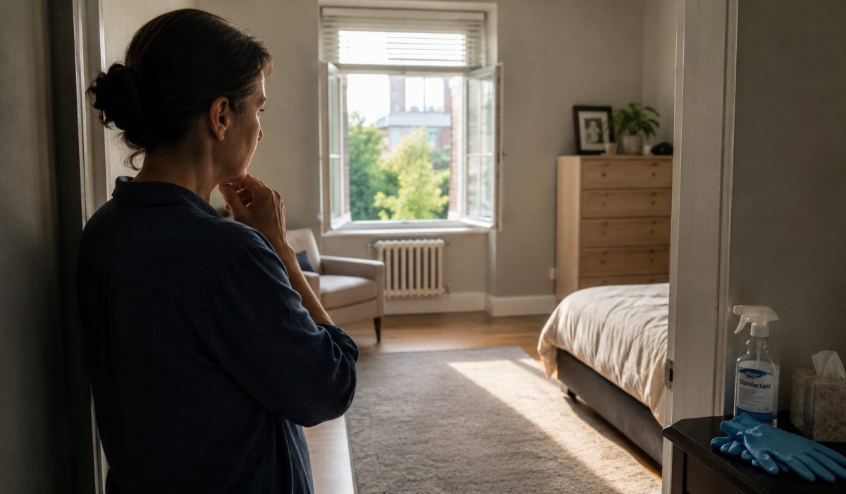 Personne observant une chambre propre et aérée après un nettoyage après décès, avec gants et désinfectant visibles
