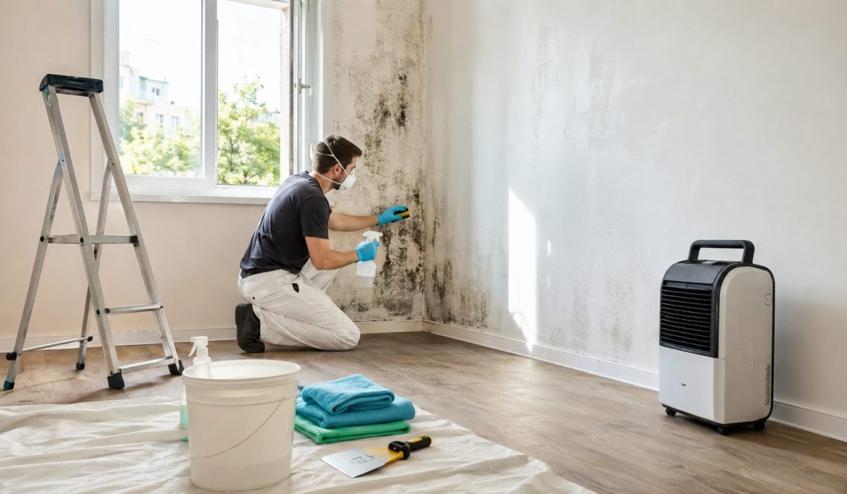 Technicien nettoyant un mur touché par des moisissures dans un logement en cours de remise en état