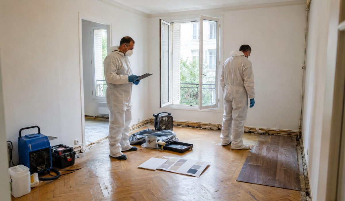 Professionnels en combinaison inspectant un logement après un nettoyage après décès avant travaux de rénovation