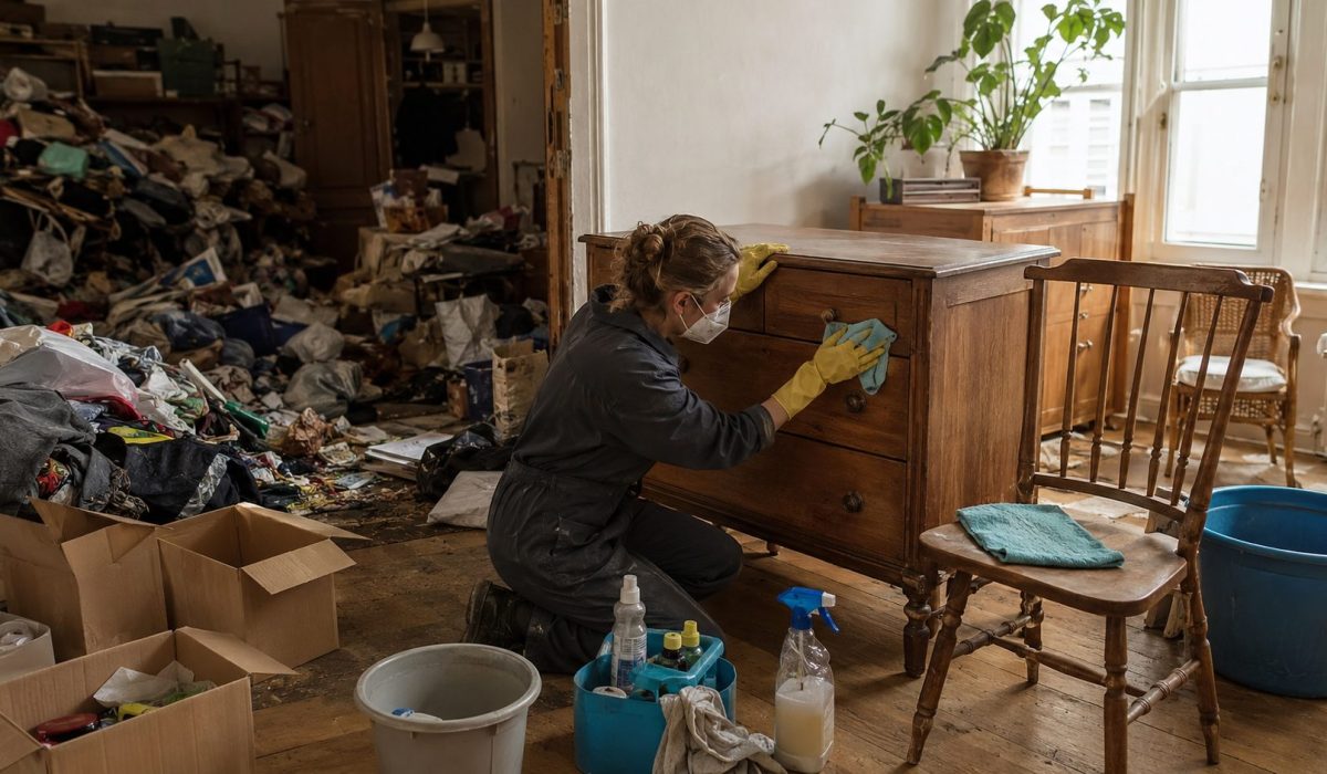 Personne équipée de gants et d’un masque nettoyant une commode en bois dans un logement encombré après un syndrome de Diogène.