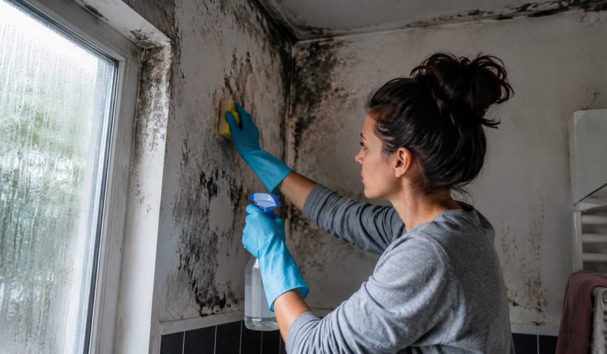 Personne nettoyant un mur couvert de moisissures dans une pièce humide, illustrant les risques d’un mauvais nettoyage pour la santé et le logement