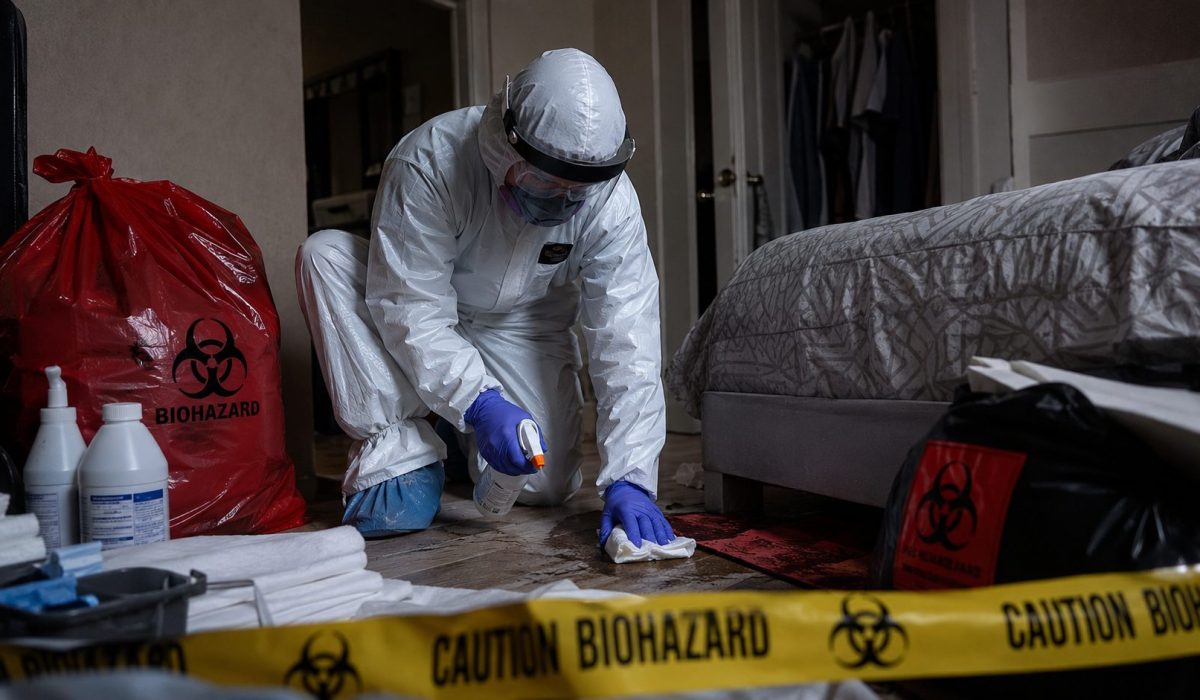 Technicien en combinaison de protection réalisant un nettoyage après décès dans une chambre avec sacs biohazard et produits de désinfection