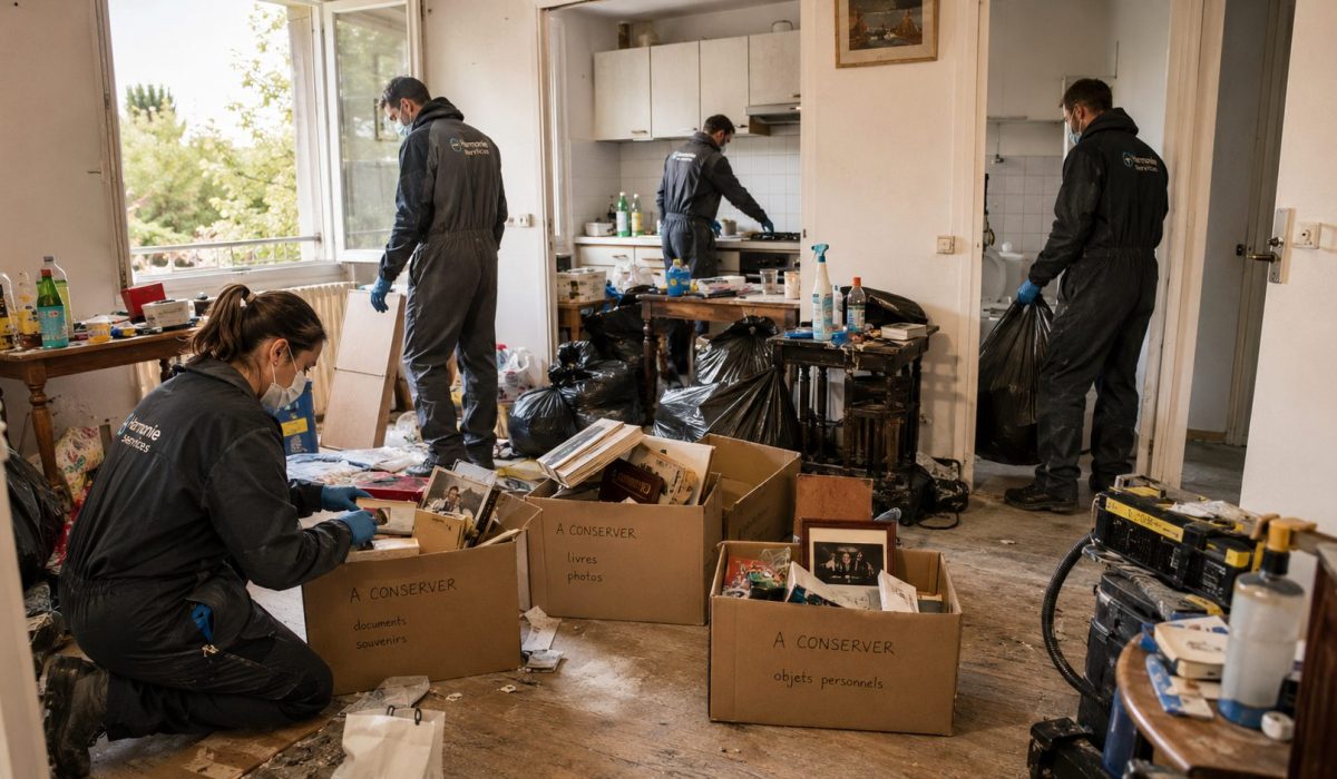 Équipe professionnelle réalisant le tri, le débarras, le nettoyage et la désinfection d’un logement après un syndrome de Diogène