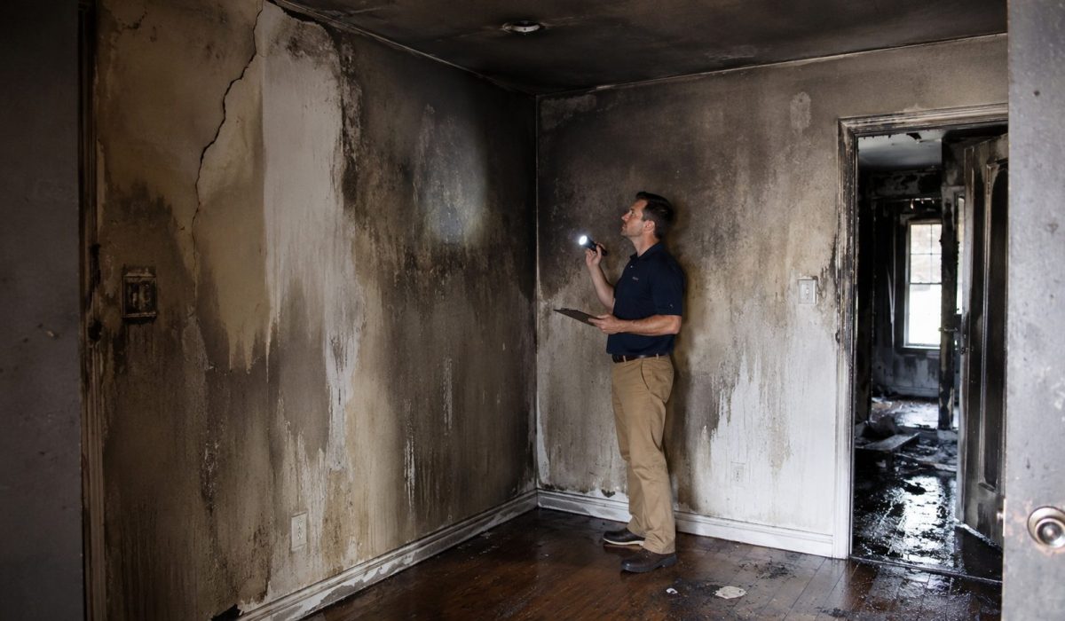 Inspecteur examinant les traces de suie, d’humidité et les fissures dans une pièce endommagée après un incendie