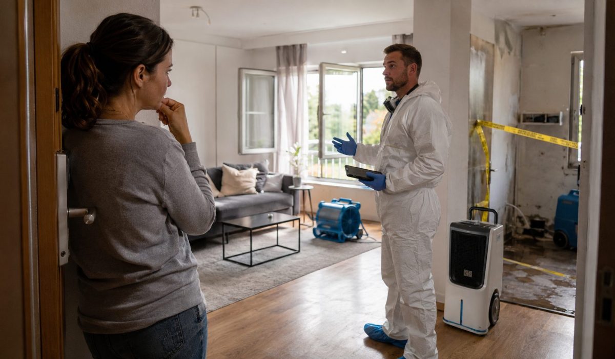 Technicien en combinaison de protection expliquant à une occupante si elle peut rester dans son logement après une désinfection après sinistre