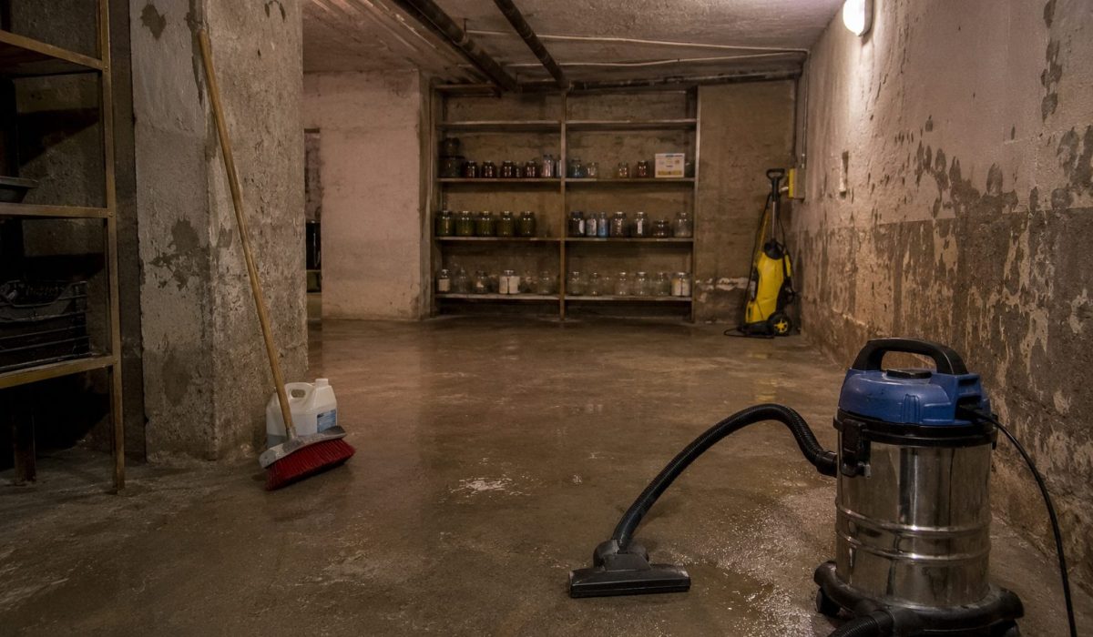 Cave humide en cours de nettoyage après une désinfection après sinistre avec aspirateur à eau, balai et matériel d’assainissement