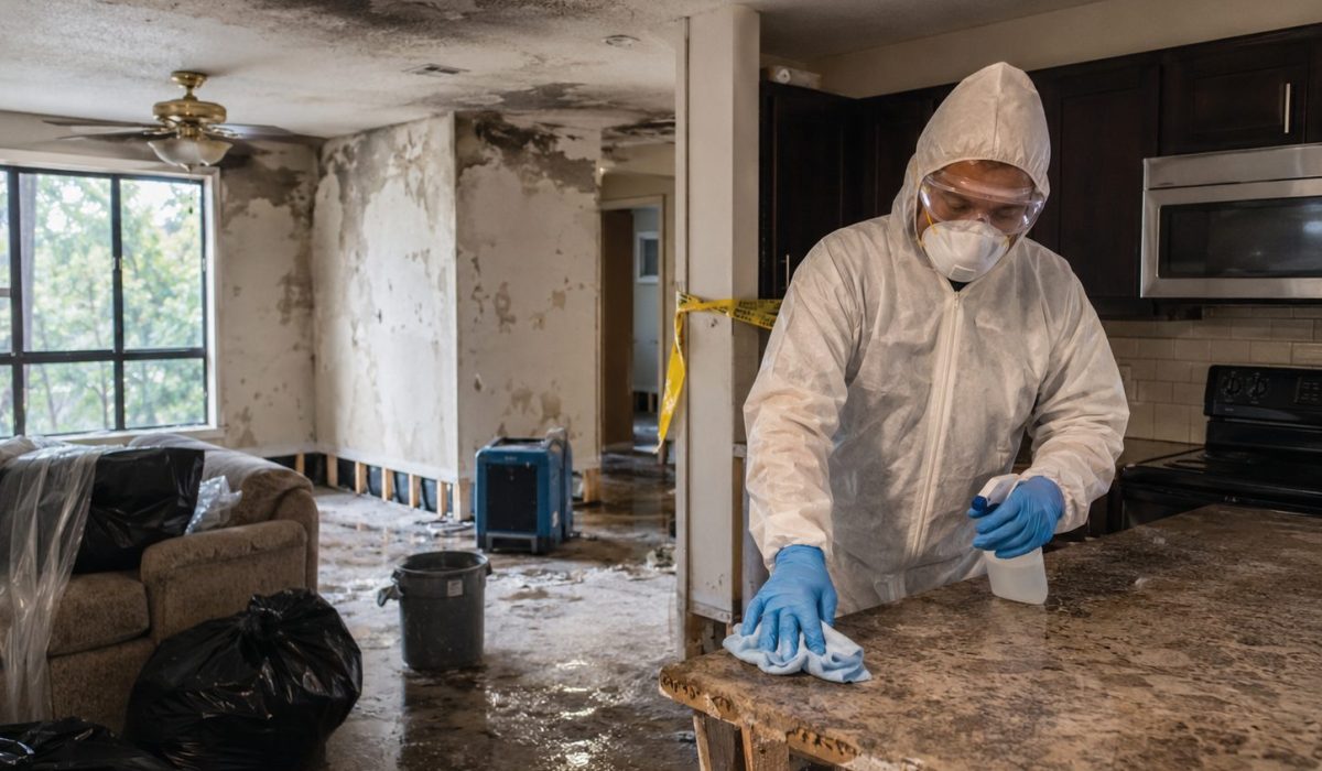 Technicien en équipement de protection désinfectant une cuisine endommagée après un sinistre avec traces d’humidité, suie et matériel de nettoyage professionnel.