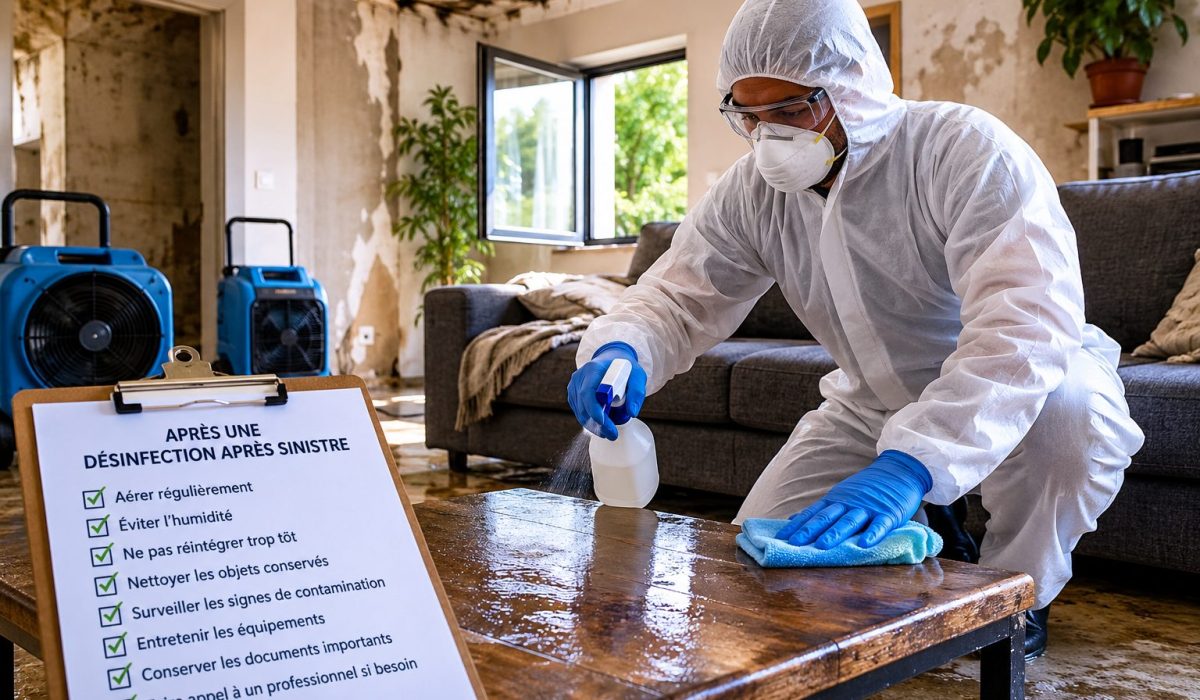 Technicien en équipement de protection désinfectant un logement après un sinistre avec contrôle de l’humidité et nettoyage des surfaces