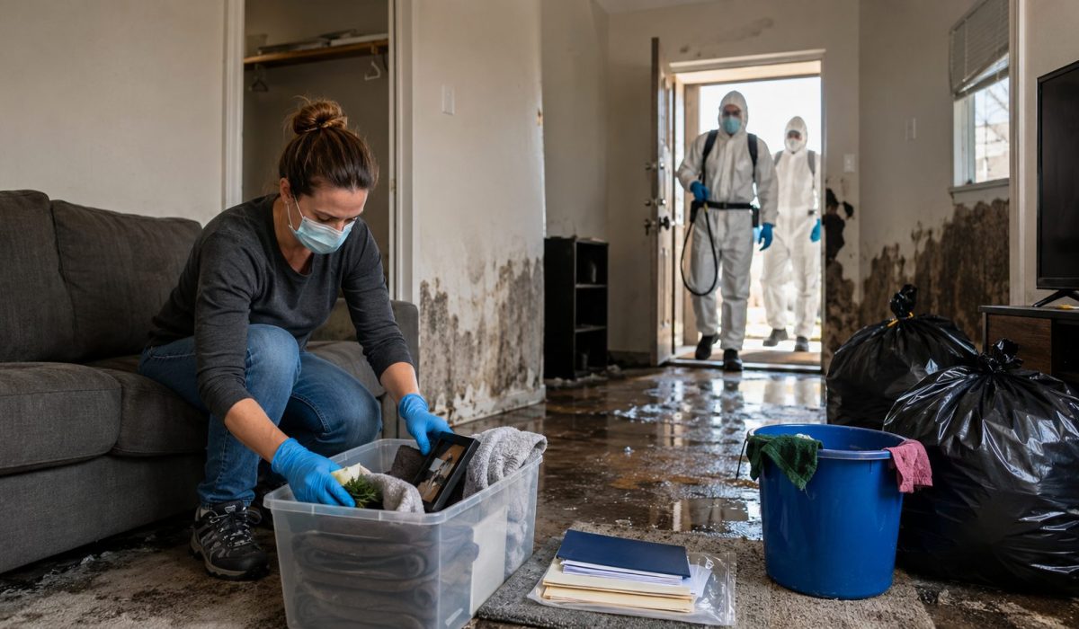Personne préparant un logement sinistré avant l’intervention de professionnels de la désinfection
