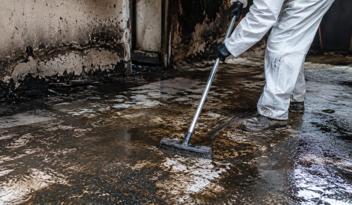 Technicien en combinaison de protection nettoyant un sol couvert de suie après un incendie dans une pièce endommagée