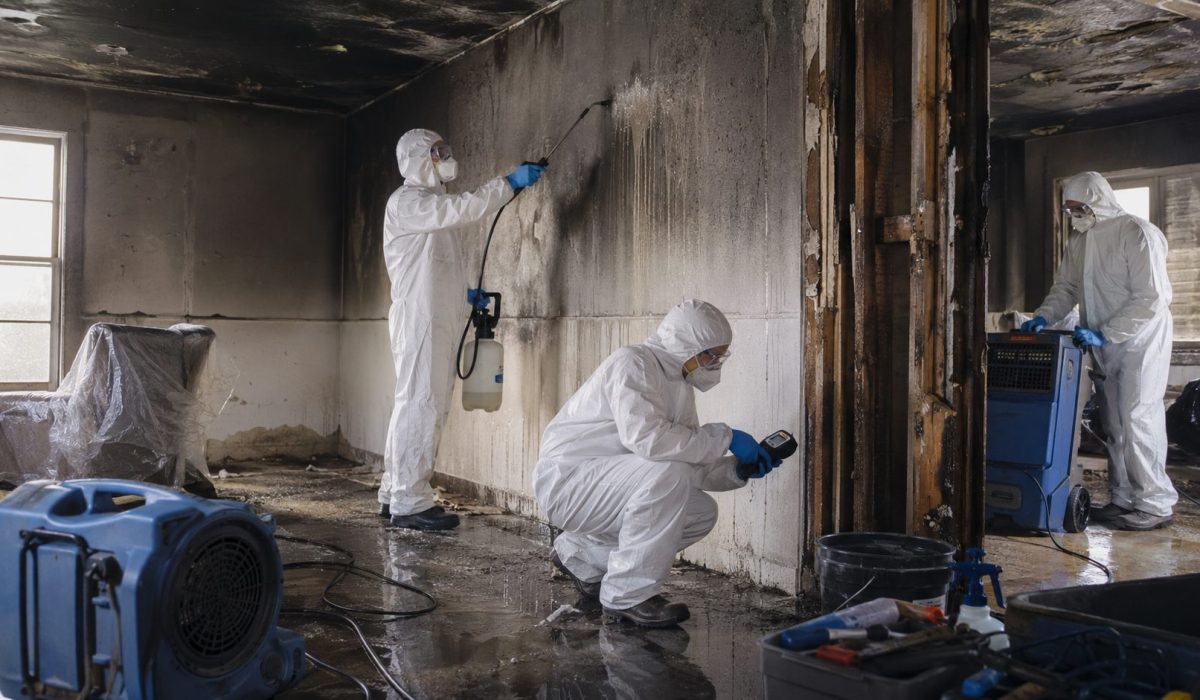 Techniciens en combinaison de protection réalisant une désinfection professionnelle après sinistre dans un logement endommagé