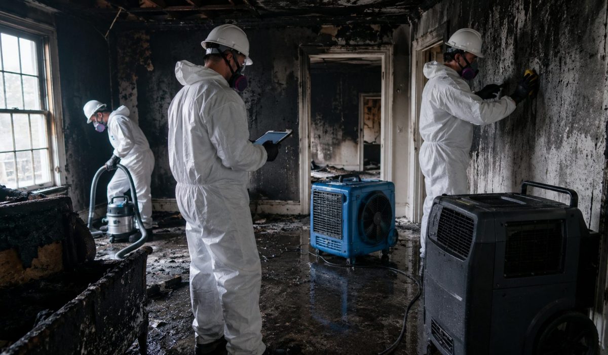 Entreprise spécialisée intervenant après un incendie pour nettoyer la suie, décontaminer les surfaces et restaurer un intérieur endommagé par le feu
