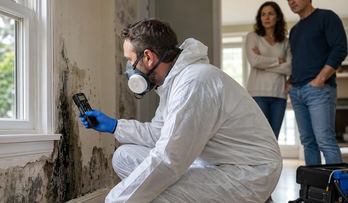 Technicien spécialisé inspectant des moisissures sur un mur humide dans une maison