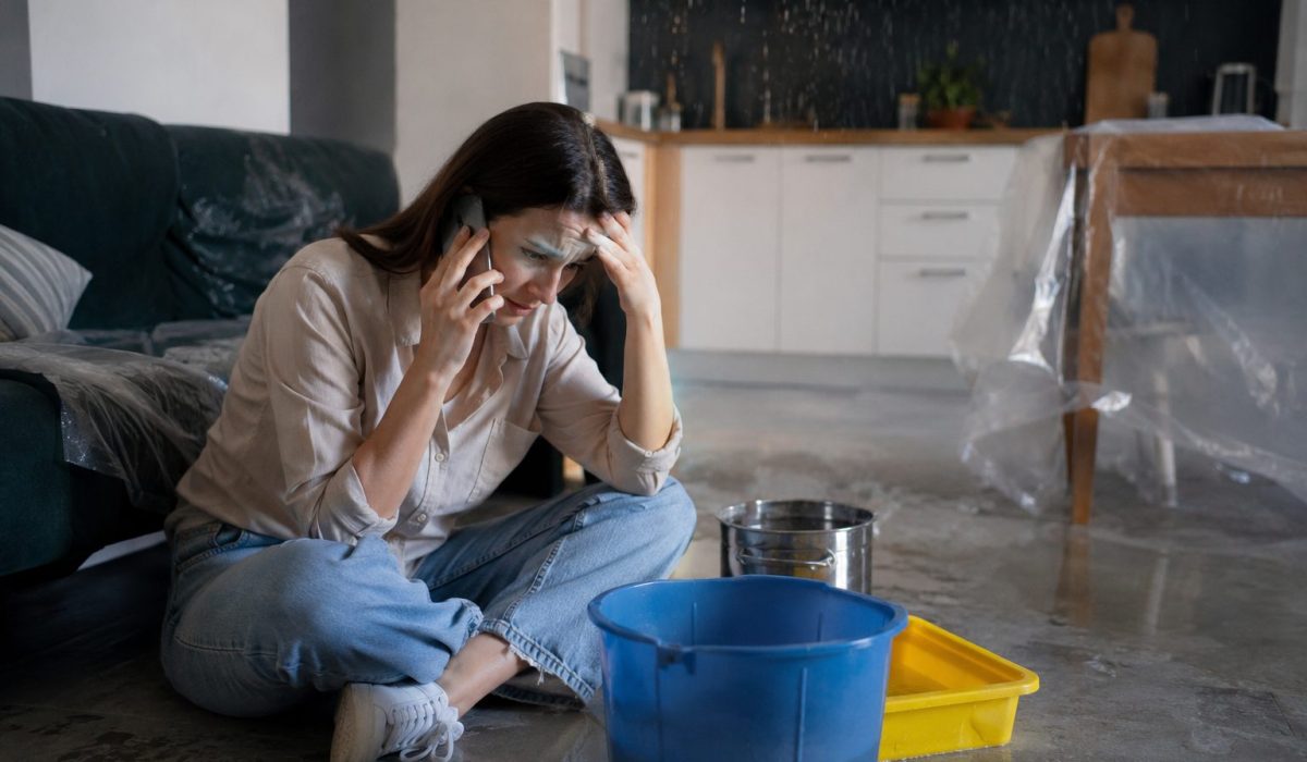 Femme stressée au téléphone après un dégât des eaux dans son logement avec des seaux au sol pour récupérer l’eau