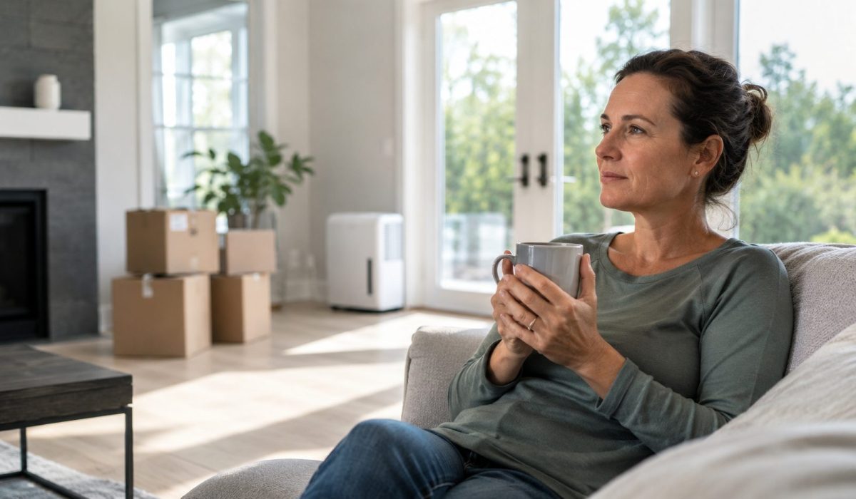 Femme assise dans un salon propre après une désinfection après sinistre, tenant une tasse et retrouvant son calme dans un intérieur assaini.