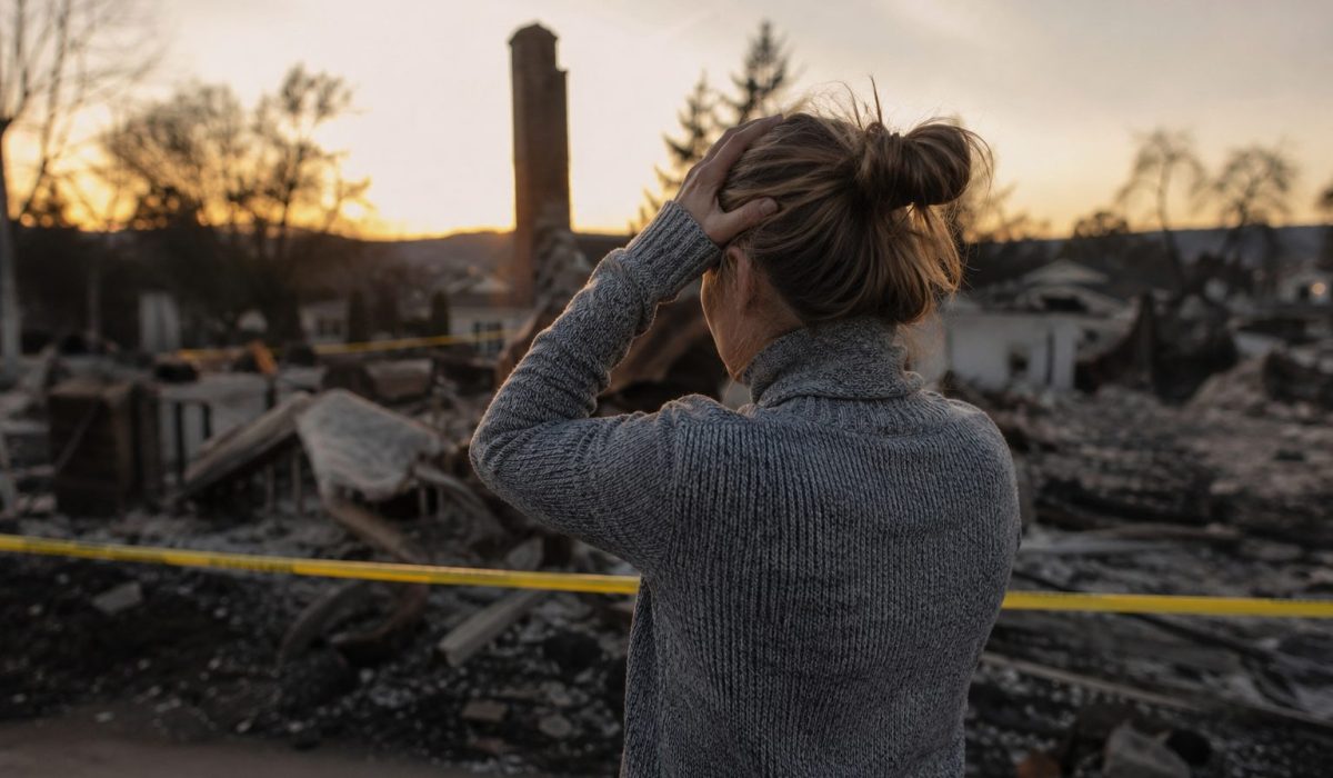 Personne bouleversée face aux débris d’une maison détruite par un incendie, illustrant le stress et le choc émotionnel après un sinistre.