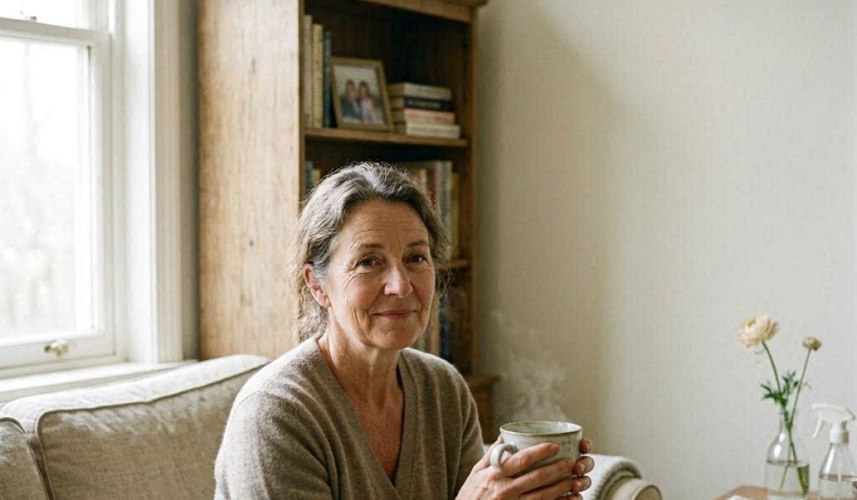 Personne apaisée dans un salon propre après un nettoyage après décès, illustrant la gestion du stress et le retour au calme.