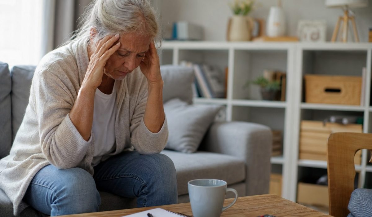 Personne âgée stressée assise dans un salon après une intervention liée au syndrome de Diogène