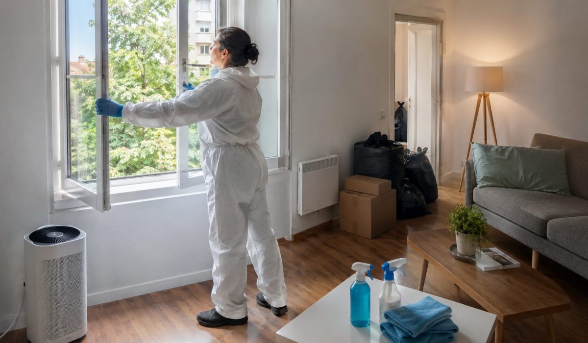 Professionnelle du nettoyage ouvrant une fenêtre dans un logement assaini après un syndrome de Diogène pour retrouver un air intérieur sain.