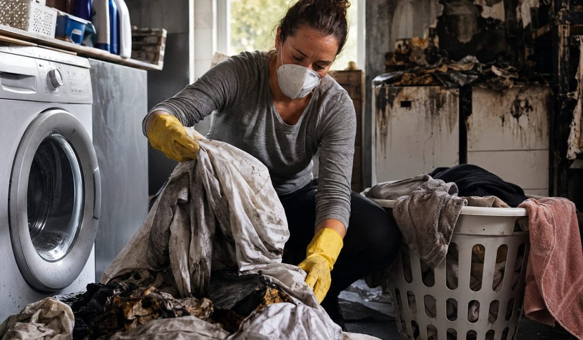 Personne portant des gants et un masque triant des textiles couverts de suie après un incendie