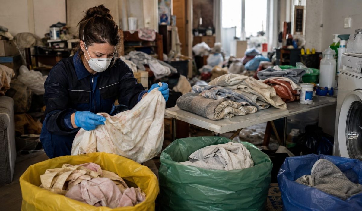 Professionnelle équipée de gants et d’un masque triant des textiles contaminés dans un logement encombré après un syndrome de Diogène