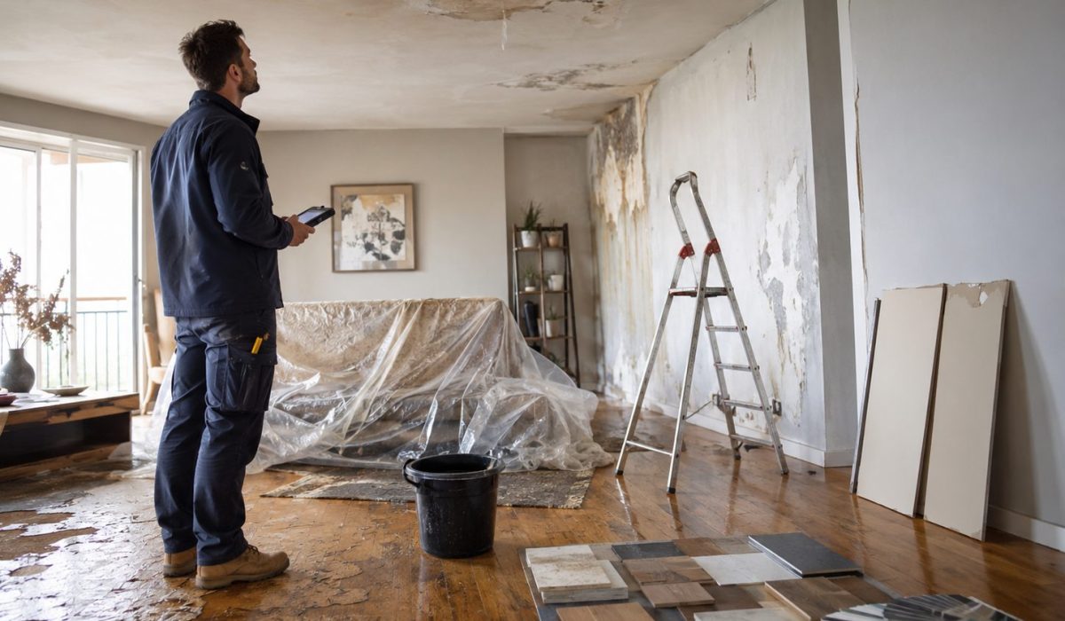 Artisan inspectant un plafond et des murs abîmés après un dégât des eaux dans un logement